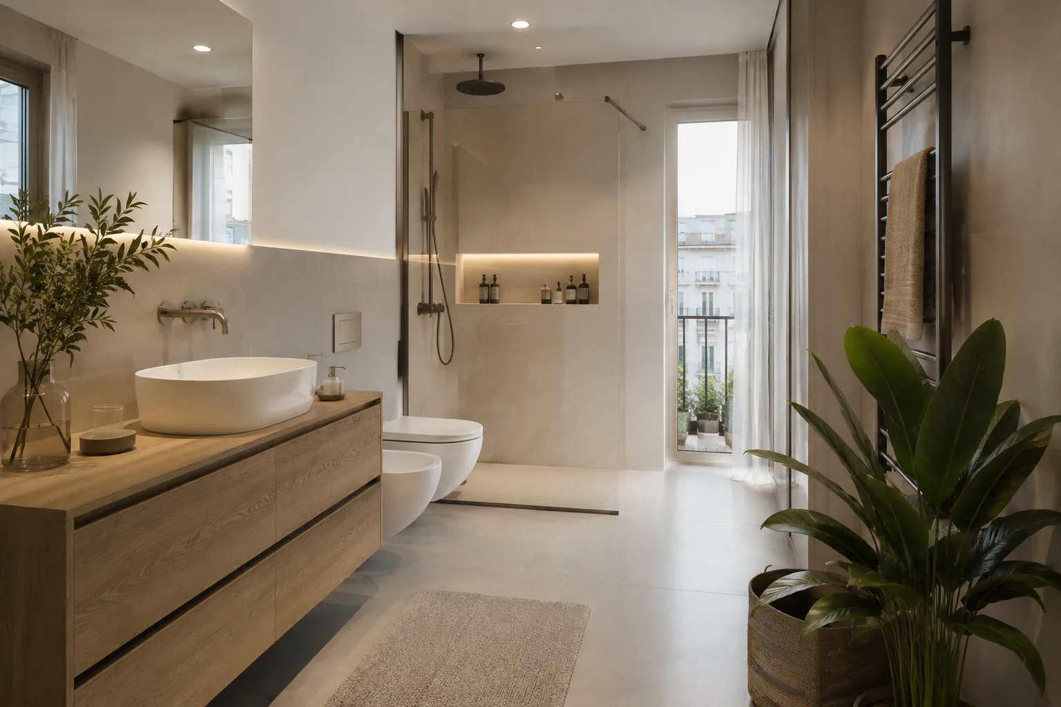 Bagno contemporaneo ristrutturato con doccia walk-in e mobile in legno