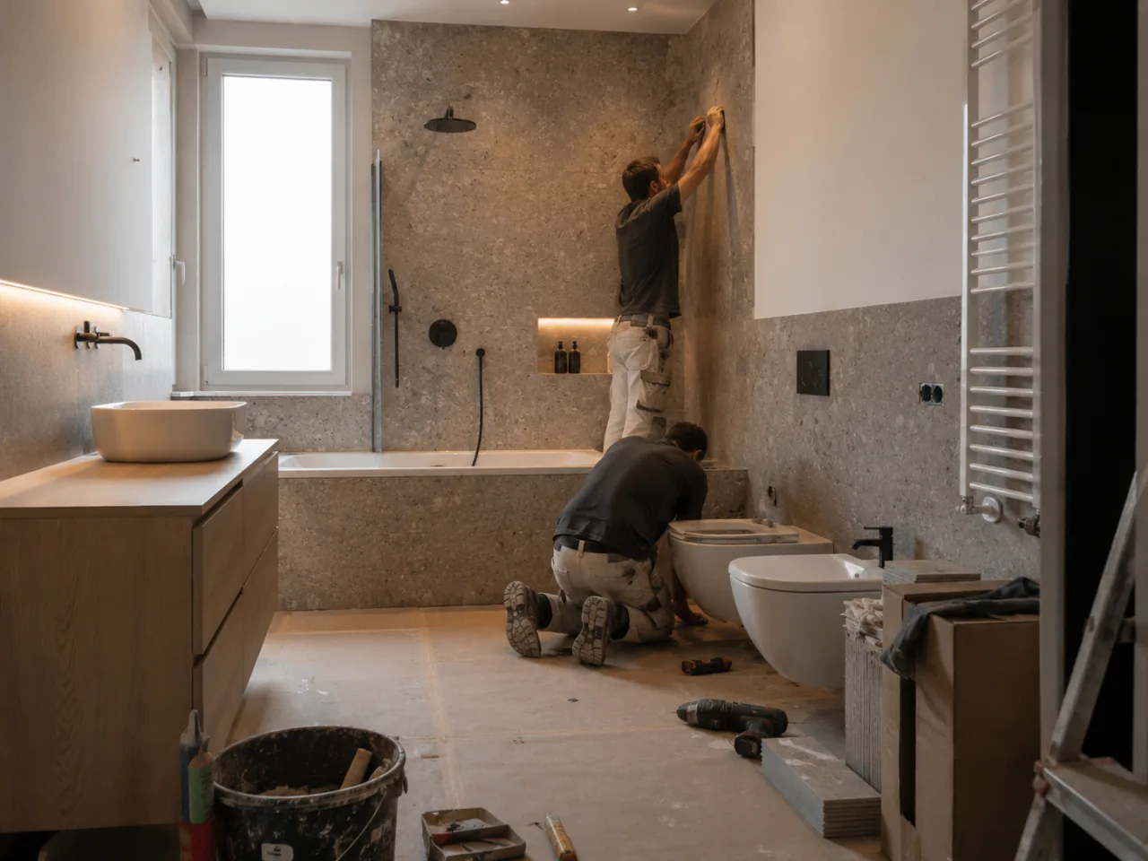 Lavori di ristrutturazione bagno durante posa e finiture